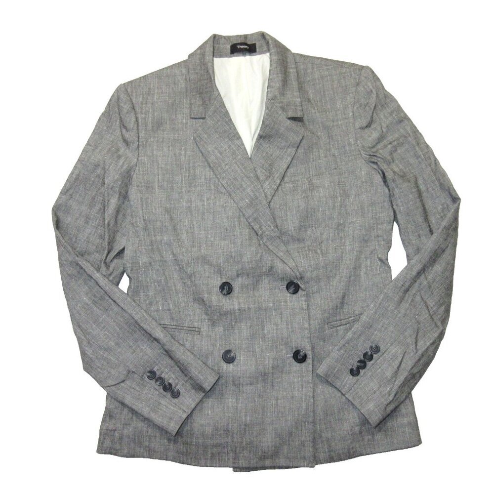 Nwt Theory Double-Breasted Blazer In Black Ivory Sharkskin Crunch Linen 12